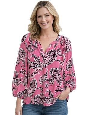 Crown & Ivy Pink Paisley Peasant Top Large V-Neck Blouse L